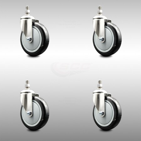 Service Caster 5 Inch 316SS Black Polyurethane Wheel Swivel 12mm Threaded Stem Caster Set SCC-SS316TS20S514-PPUB-BLK-M1215-4